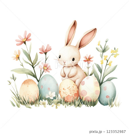 Easter rabbit is sitting in front of three eggs, with flowers in the background. The image has a playful and whimsical mood, with the rabbit and eggs being the main focus 123352987