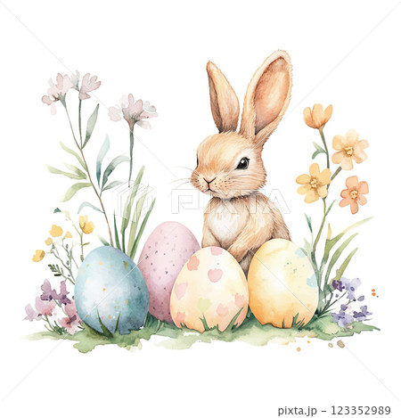 Easter rabbit is sitting in front of three eggs, with flowers in the background. The image has a playful and whimsical mood, with the rabbit and eggs being the main focus 123352989