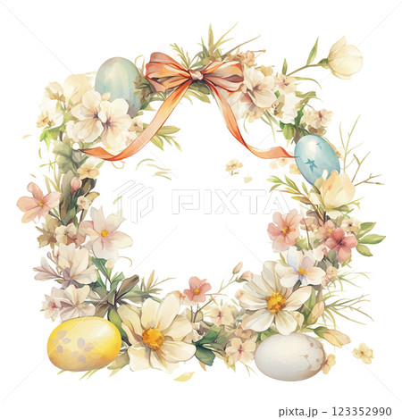 A flower wreath with a bow and eggs in it. The flowers are white and the eggs are yellow. The wreath is a symbol of new beginnings and growth 123352990