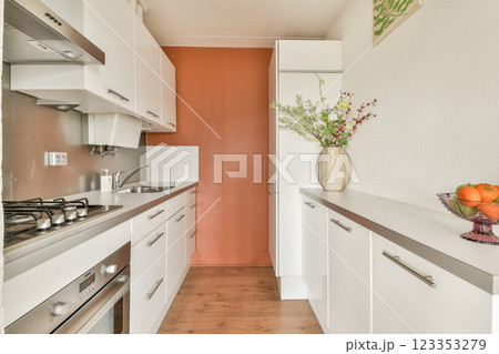 A well-designed modern kitchen featuring sleek cabinets, a cozy color scheme, and stylish decor elements that enhance its functionality and aesthetic appeal. 123353279