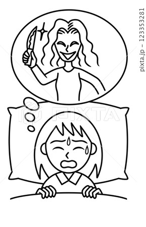 悪夢にうなされる若い女性の線画 123353281