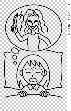 悪夢にうなされる若い女性の線画 123353281