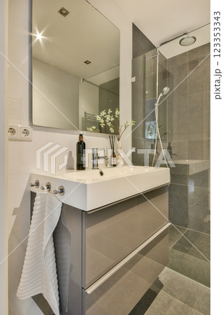 A sleek and contemporary bathroom featuring a stylish sink, mirror, shower, and tasteful decor elements creating a serene ambiance. A sleek and contemporary bathroom featuring a stylish sink, mirror, shower, and tasteful decor elements creating a serene ambiance. 123353343