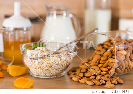 breakfast food set on wooden table breakfast food set on wooden table 123353421
