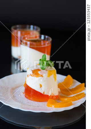 Panna cotta dessert with fruit jelly and mint 123353437