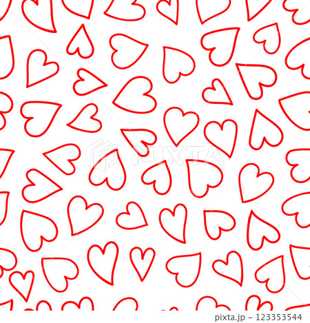 A seamless Valentines pattern featuring red heart silhouettes on a white background, perfect for romantic designs. Minimalist heart-themed pattern ideal for fabric, wrapping paper, and wallpaper. 123353544
