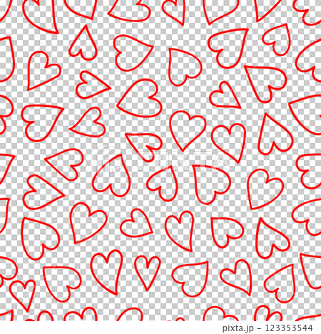 A seamless Valentines pattern featuring red heart silhouettes on a white background, perfect for romantic designs. Minimalist heart-themed pattern ideal for fabric, wrapping paper, and wallpaper. 123353544