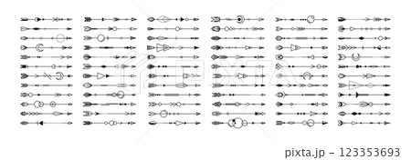 Boho arrows. Silhouette black icons collection, different plumage, american indian ethnic style outline, decorative native tribal elements with plumage, line elegant tidy vector isolated set 123353693