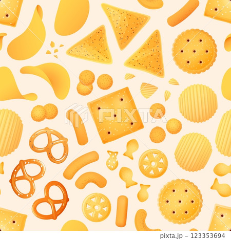 Cartoon salty snacks seamless pattern. Crispy chips, nachos, pretzels and crackers, repeated crunchy unhealthy beer food. Decor textile, wrapping, wallpaper. Print for fabric vector background Cartoon salty snacks seamless pattern. Crispy chips, nachos, pretzels and crackers, repeated crunchy unhealthy beer food. Decor textile, wrapping, wallpaper. Print for fabric vector background 123353694