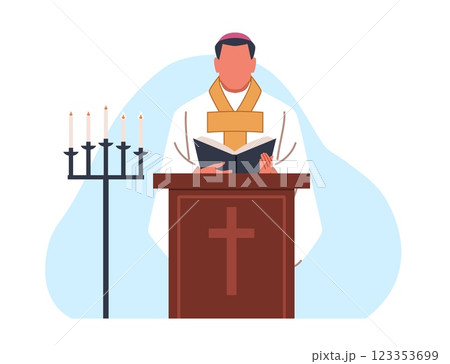 Catholic church minister preaches sermon. Priest religious speech, holy scriptures from gospel. Holy Father standing wearing priestly robes. Cartoon flat style isolated vector concept 123353699