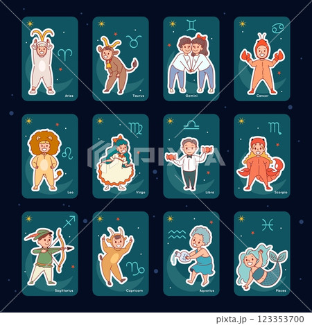 Children cute horoscope signs. Cute kids zodiac cards, funny astrological symbols, boys, girls cartoon characters, aries, taurus, gemini, cancer and leo, cartoon flat isolated vector set 123353700
