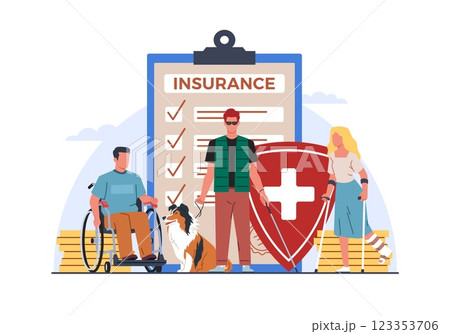 Concept insurance people with disabilities. People in wheelchair, character blindness man with dog. Finance and medical service. Healthcare document. Vector cartoon flat isolated illustration 123353706