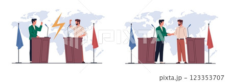 Concept international negotiations. Political meeting, disputes and agreements. Men on tribunes shaking hands or arguing. World diplomacy. Cartoon flat style isolated vector concept 123353707