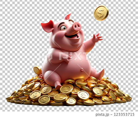 Cartoon of a fat pig sitting on a pile of gold coins. 123353715