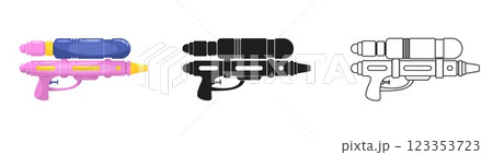 Different water gun icons. Black silhouette, line icon. Kids plastic toy. Pistol spray pump. Summer game for kids. Childish handgun, aqua blaster. Cartoon flat isolated vector concept 123353723