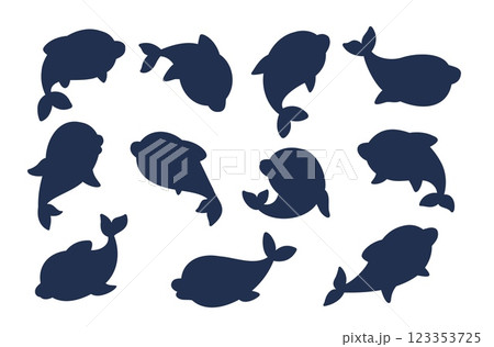 Dolphin silhouette set. Black minimal icon. Fish, underwater character in different poses. Oceanarium logotype design. Animal mammal, marine life. Water inhabitant. Vector cartoon isolated set 123353725