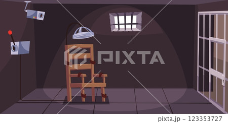 Electric chair in prison cell. Empty capital punishment for death killer and murderer. Jail interior, violation of law. Horizontal background. Cartoon flat style isolated vector concept 123353727