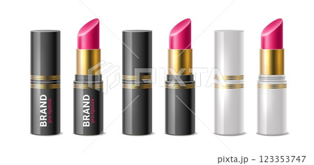 Lipstick set. 3d isolated cosmetic product. Closed and open, black and white with gold premium luxury packaging. Female glamour makeup advertising. Vector isolated concept 123353747