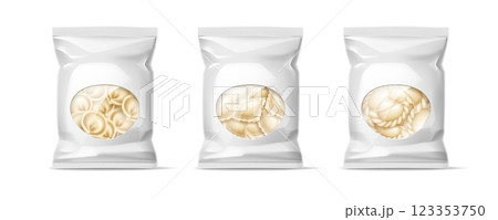 Packaging different types dumplings. Realistic isolated plastic bags with frozen food, blank white package for product design. Ravioli, varenyky and pelmeni. Graphic mockup. Vector concept Packaging different types dumplings. Realistic isolated plastic bags with frozen food, blank white package for product design. Ravioli, varenyky and pelmeni. Graphic mockup. Vector concept 123353750