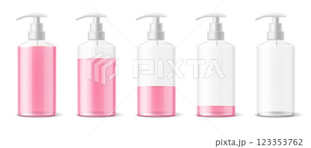 Set bottles with different liquid levels. Realistic isolated elements. Transparent plastic container with dispenser for soap, or shampoo, lotion full and empty packaging, vector concept 123353762