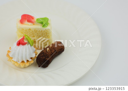 Small cakes of different flavors and sizes lie on a white plate on a white background. The concept of mini desserts, samples of confectionery, sweets. High quality photo Small cakes of different flavors and sizes lie on a white plate on a white background. The concept of mini desserts, samples of confectionery, sweets. High quality photo 123353915