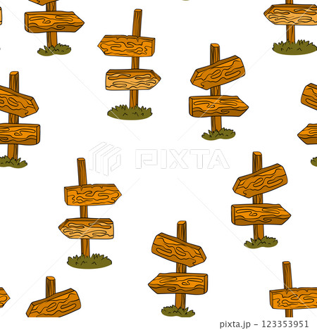 Seamless pattern with hand drawn road signs. Wooden signs with arrows. Nice design. Cartoon vector illustration for fabris, textile Seamless pattern with hand drawn road signs. Wooden signs with arrows. Nice design. Cartoon vector illustration for fabris, textile 123353951