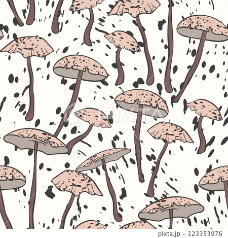 Seamless pattern with mushrooms. Hand drawn vector illustration. Vegan food menu. Poisonous and edible mushroom. Autumn mushroom picking, forest plant sketches 123353976