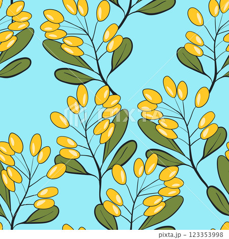 Seamless pattern with sea buckthorn. Natural fresh ripe tasty berries. Vector illustration for background, packaging, textile, fabric and various other designs 123353998