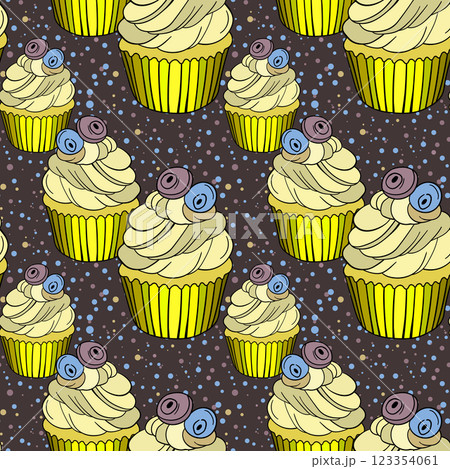 Seamless pattern with cupcakes. Muffin cake, sweet cupcake with cream, delicious pastries. Modern vector illustration for fabric, textile. Dessert print for a candy bar 123354061