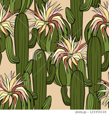 Seamless pattern with cacti, blooming succulent on color background. Vector hand drawn illustration for packaging, fabric, textile. Wild west cactus, western concept Seamless pattern with cacti, blooming succulent on color background. Vector hand drawn illustration for packaging, fabric, textile. Wild west cactus, western concept 123354110
