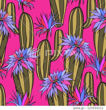 Seamless pattern with cacti, blooming succulent on color background. Vector hand drawn illustration for packaging, fabric, textile. Wild west cactus, western concept Seamless pattern with cacti, blooming succulent on color background. Vector hand drawn illustration for packaging, fabric, textile. Wild west cactus, western concept 123354112