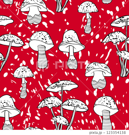 Seamless pattern with mushrooms. Hand drawn vector illustration. Vegan food menu. Poisonous and edible mushroom. Autumn mushroom picking, forest plant sketches 123354138