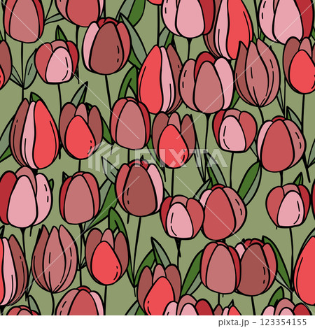 Floral colorful vector illustration with tulips. Simple minimalistic pattern with nature elements. Vector illustration for fabric, textile, poster, invitation. Trendy hand drawn textures Floral colorful vector illustration with tulips. Simple minimalistic pattern with nature elements. Vector illustration for fabric, textile, poster, invitation. Trendy hand drawn textures 123354155