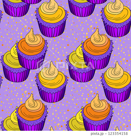Seamless pattern with cupcakes. Muffin cake, sweet cupcake with cream, delicious pastries. Modern vector illustration for fabric, textile. Dessert print for a candy bar Seamless pattern with cupcakes. Muffin cake, sweet cupcake with cream, delicious pastries. Modern vector illustration for fabric, textile. Dessert print for a candy bar 123354158