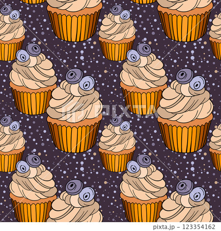 Seamless pattern with cupcakes. Muffin cake, sweet cupcake with cream, delicious pastries. Modern vector illustration for fabric, textile. Dessert print for a candy bar 123354162