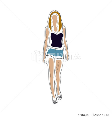 Young slender sexy woman walking in short summer clothes. Front view, isolated vector line drawing illustration 123354248