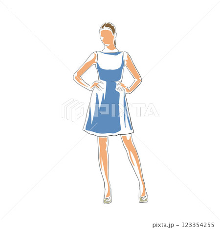 Woman in blue summer dress, stylish clothing. Isolated vector drawing illustration, line art. Business woman 123354255