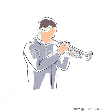 Trumpet player, musician, isolated vector illustration, line art drawing. Jazz club, music festival Trumpet player, musician, isolated vector illustration, line art drawing. Jazz club, music festival 123354299