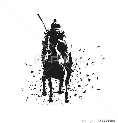 Thoroughbred horse racing, equestrian event, jockey riding horse, isolated vector silhouette. Horseback riding logo. Jockeys riding horses on racecourse, hippodrome, turf Thoroughbred horse racing, equestrian event, jockey riding horse, isolated vector silhouette. Horseback riding logo. Jockeys riding horses on racecourse, hippodrome, turf 123354409