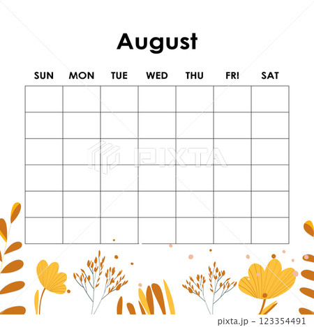 August. Calendar planner. Corporate week. Template layout, 12 months yearly, white background. Simple design for business brochure, flyer, print media, advertisement. Week starts from Monday 123354491