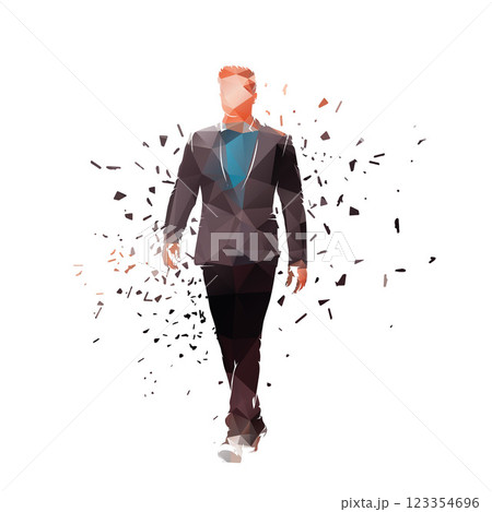 Business man walking, distorted isolated low polygonal vector illustration, front view. Male fashion model in suit Business man walking, distorted isolated low polygonal vector illustration, front view. Male fashion model in suit 123354696
