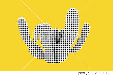 A striking halftone illustration of a cactus features bold contours and a cheerful yellow background, inviting viewers into a burst of personality and creativity in any space. 123354801