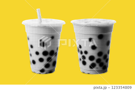 Two stylish bubble tea cups, adorned with playful halftone dots, boast a bright yellow background that evokes a sense of joy and creativity. Perfect for a sunny day. 123354809