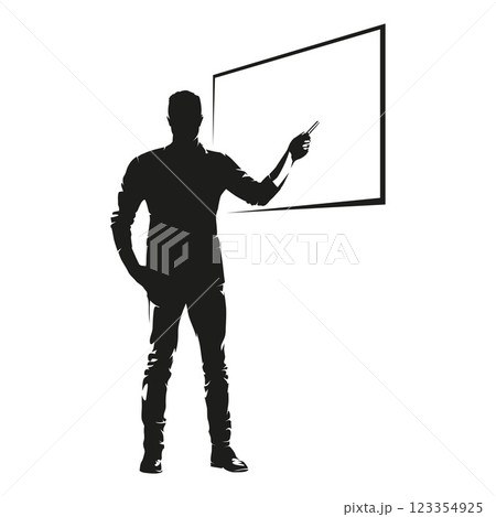 Business man gives presentation and points to the board. Isolated vector silhouette. Corporate meeting 123354925