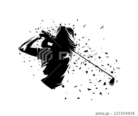 Golf player, female golfer clipart. Isolated vector silhouette of woman playing golf, rear view, distortion effect 123354939