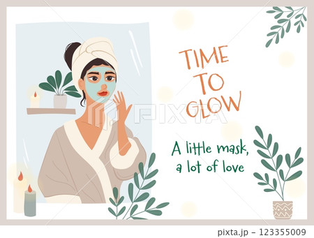 Woman applying a face mask in front of a mirror, self-care poster Woman applying a face mask in front of a mirror, self-care poster 123355009