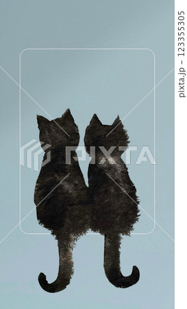 2匹の黒猫が並んで背中を向けて座っている 何かを見ているように背を向けて座る2匹の黒猫 123355305