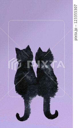 2匹の黒猫が並んで背中を向けて座っている 何かを見ているように背を