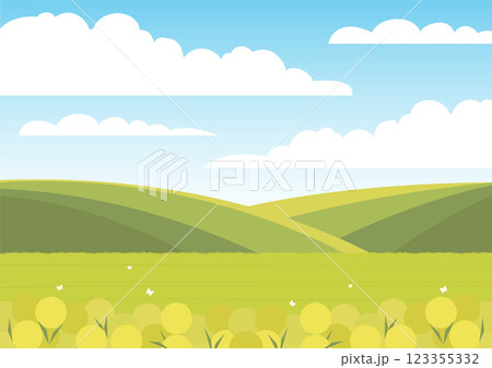 Green nature forest landscape scenery banner background. Skyline with clouds springtime farmland Green nature forest landscape scenery banner background. Skyline with clouds springtime farmland 123355332