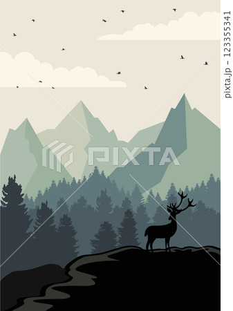 Parkland forest panoramic poster. North Cascades National Park vector illustration. Yellowstone deer 123355341